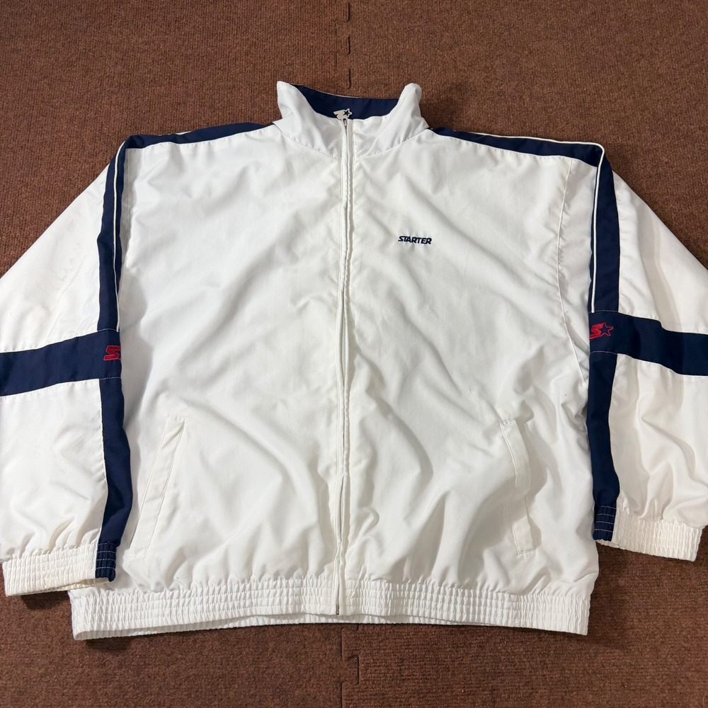 Starter Mens Full Zip Windbreaker Jacket White Navy Blue Vintage Style XL gym A-